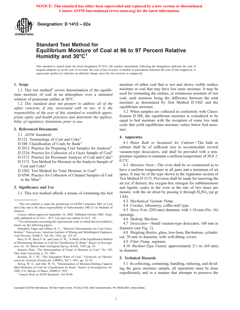 ASTM D1412-02a - Standard Test Method for Equilibrium Moisture of Coal at 96 to 97 Percent Relative Humidity and 30&#176C