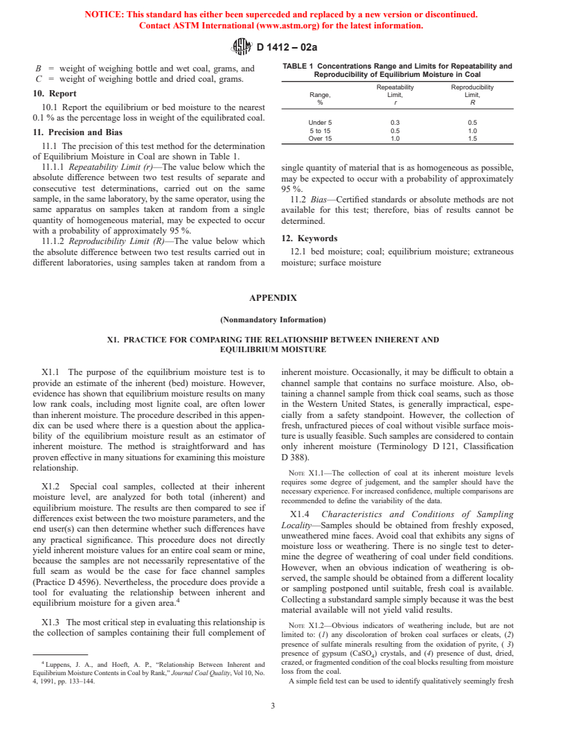 ASTM D1412-02a - Standard Test Method for Equilibrium Moisture of Coal at 96 to 97 Percent Relative Humidity and 30&#176C