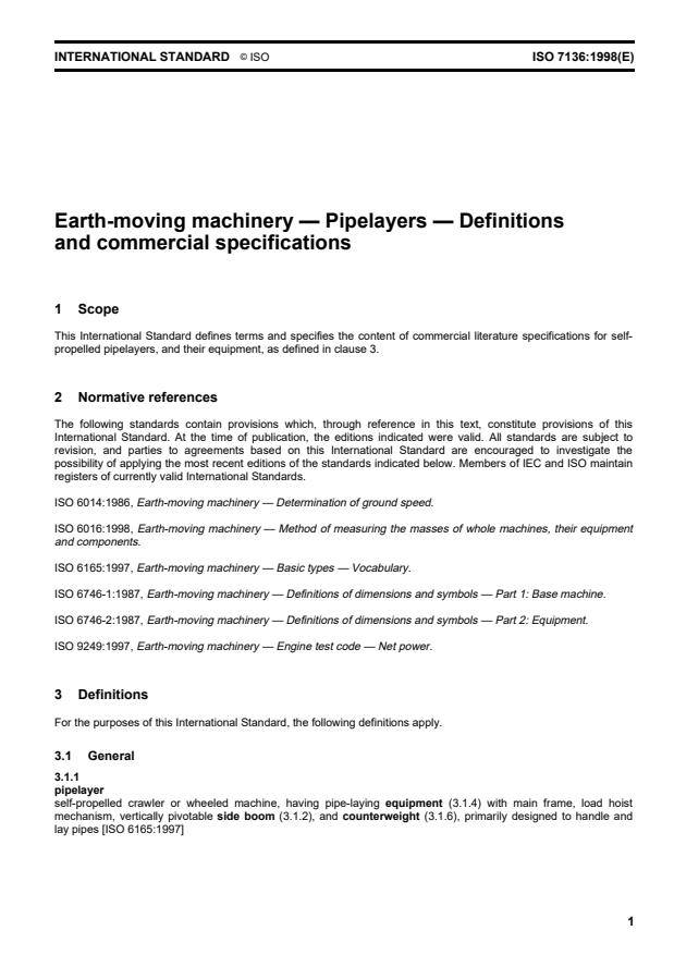 ISO 7136:1998 - Earth-moving machinery -- Pipelayers -- Definitions and commercial specifications