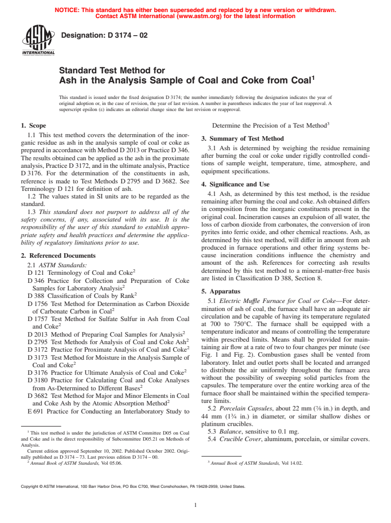 ASTM D3174-02 - Standard Test Method for Ash in the Analysis Sample of Coal and Coke from Coal