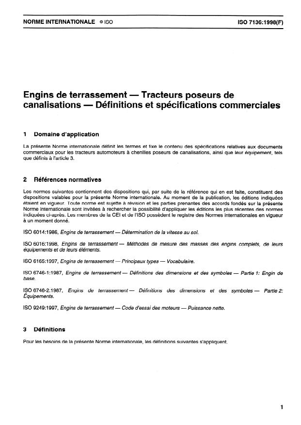 ISO 7136:1998 - Engins de terrassement -- Tracteurs poseurs de canalisations -- Définitions et spécifications commerciales