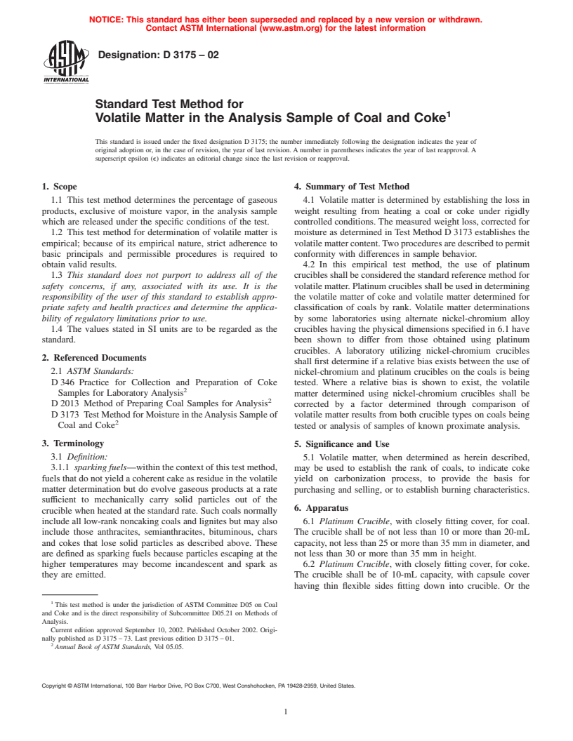 ASTM D3175-02 - Standard Test Method for Volatile Matter in the Analysis Sample of Coal and Coke