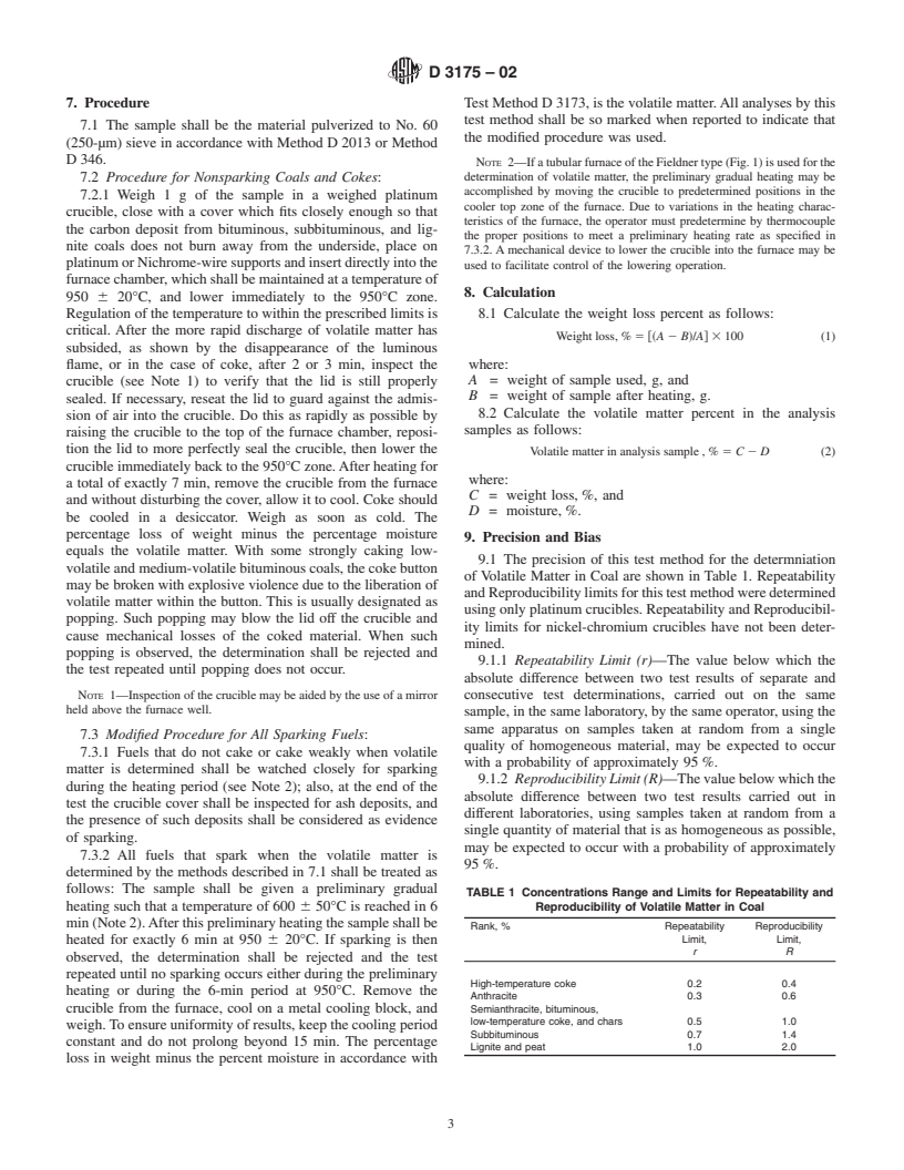 ASTM D3175-02 - Standard Test Method for Volatile Matter in the Analysis Sample of Coal and Coke
