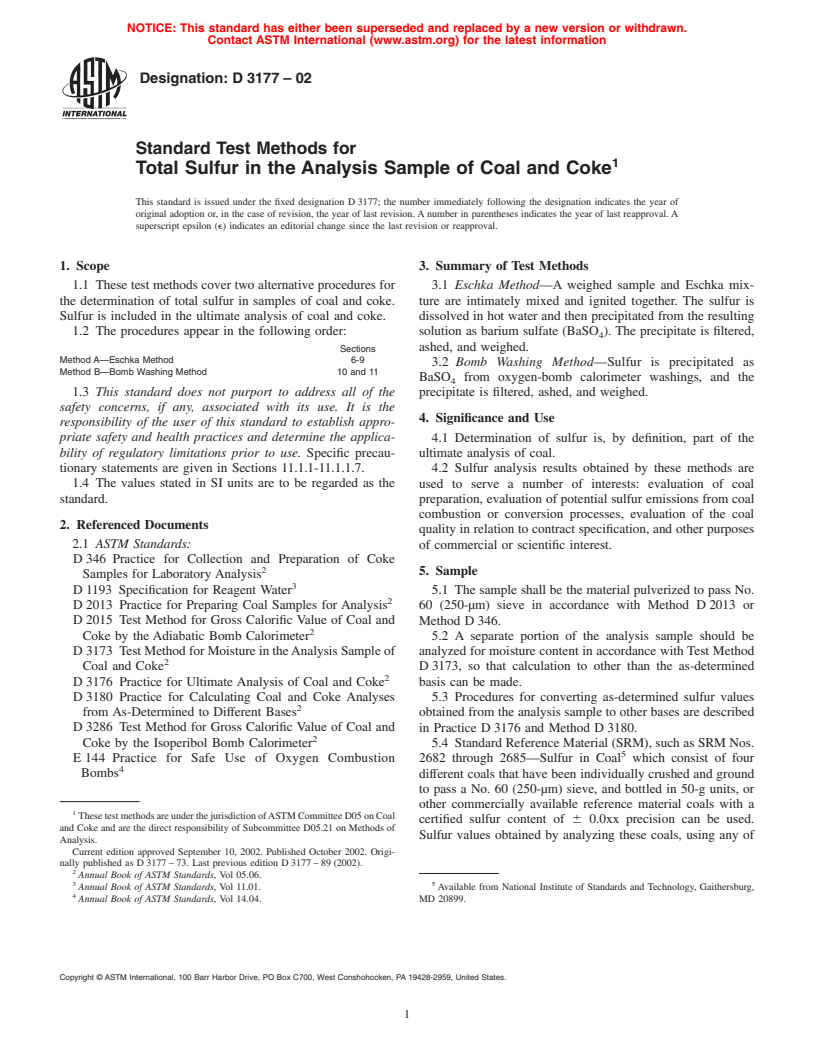 ASTM D3177-02 - Standard Test Methods for Total Sulfur in the Analysis Sample of Coal and Coke