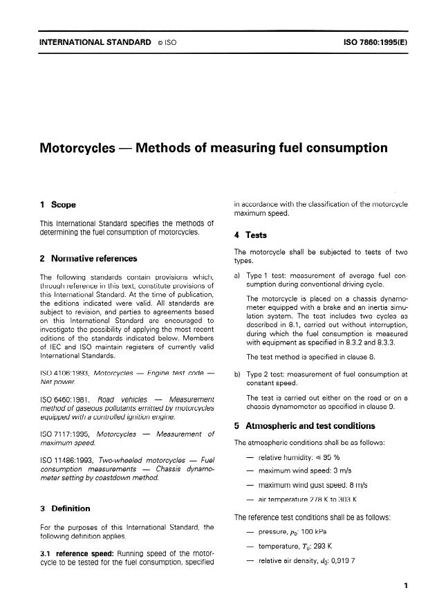 ISO 7860:1995 - Motorcycles -- Methods of measuring fuel consumption
