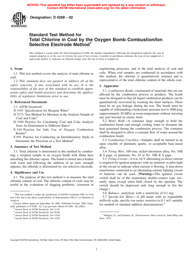 ASTM D4208-02 - Standard Test Method for Total Chlorine in Coal by the Oxygen Bomb Combustion/Ion Selective Electrode Method