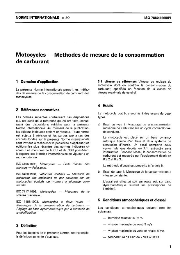 ISO 7860:1995 - Motocycles -- Méthodes de mesure de la consommation de carburant
