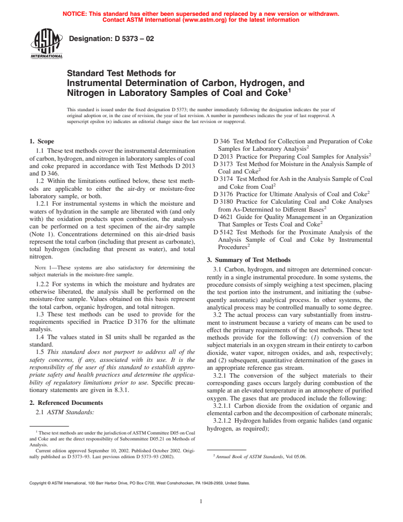 ASTM D5373-02 - Standard Test Methods for Instrumental Determination of Carbon, Hydrogen, and Nitrogen in Laboratory Samples of Coal and Coke