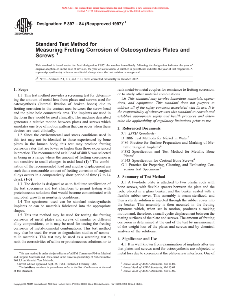 ASTM F897-84(1997)e1 - Standard Test Method for Measuring Fretting Corrosion of Osteosynthesis Plates and Screws