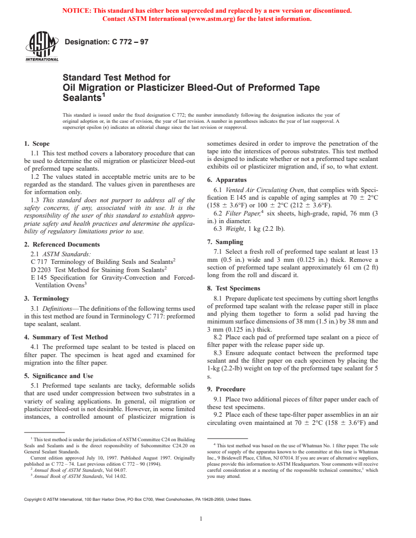 ASTM C772-97 - Standard Test Method for Oil Migration or Plasticizer Bleed-Out of Preformed Tape Sealants