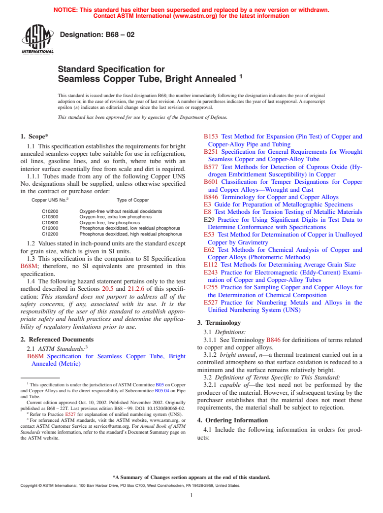 ASTM B68-02 - Standard Specification for Seamless Copper Tube, Bright Annealed