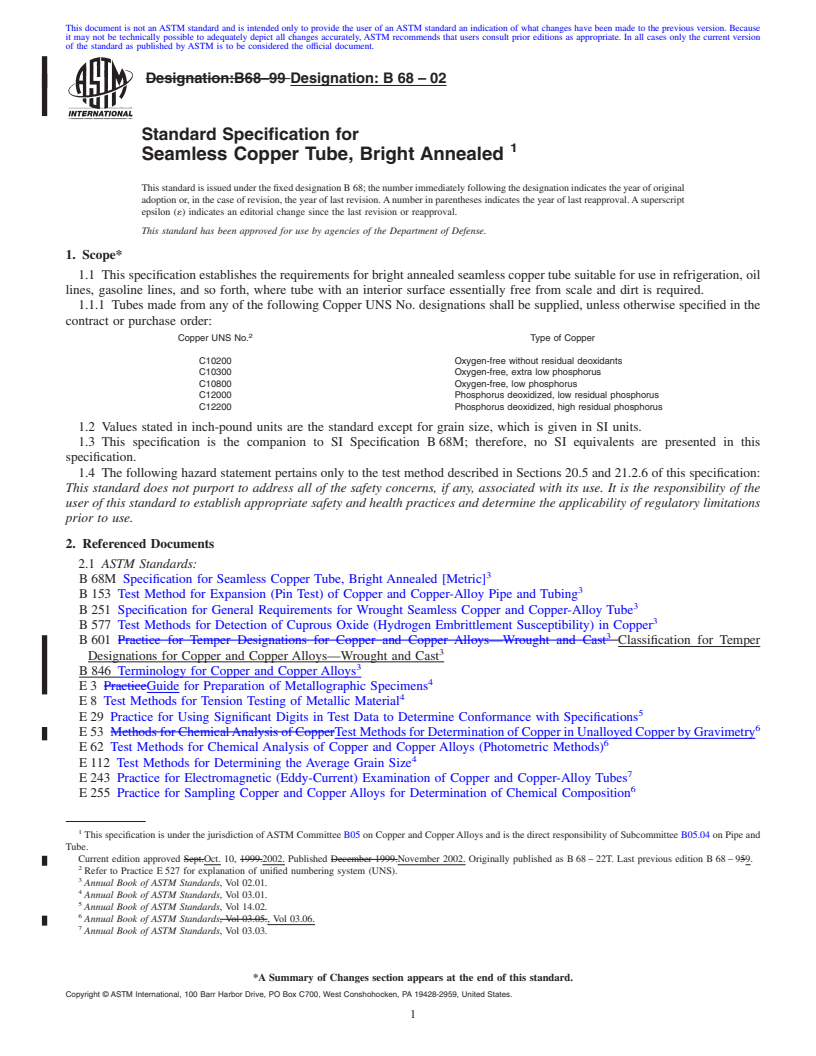 REDLINE ASTM B68-02 - Standard Specification for Seamless Copper Tube, Bright Annealed
