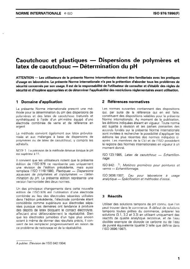 ISO 976:1996 - Caoutchouc et plastiques -- Dispersions de polymeres et latex de caoutchouc -- Détermination du pH