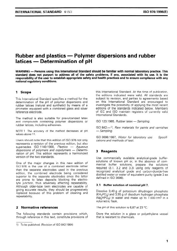 ISO 976:1996 - Rubber and plastics -- Polymer dispersions and rubber latices -- Determination of pH