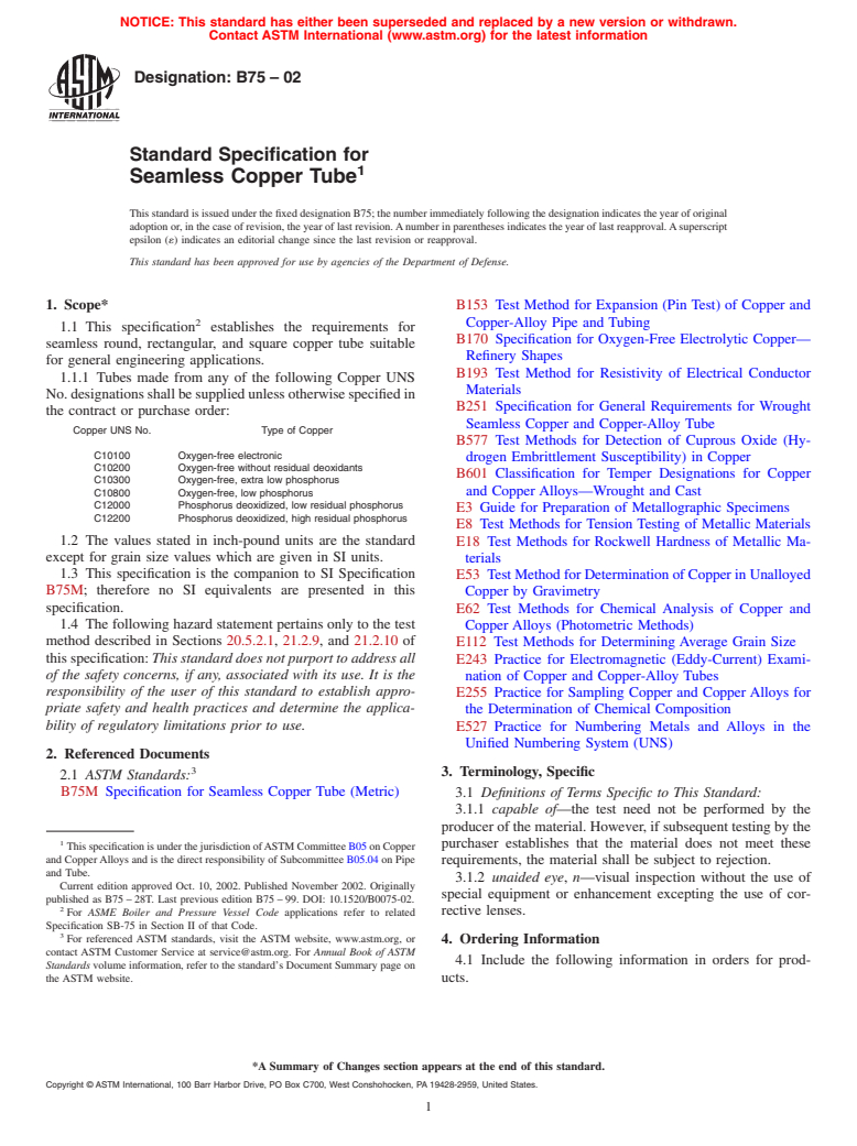 ASTM B75-02 - Standard Specification for Seamless Copper Tube