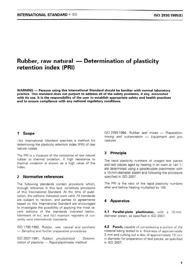 ISO 2930:1995 - Rubber, raw natural -- Determination of plasticity retention index (PRI)