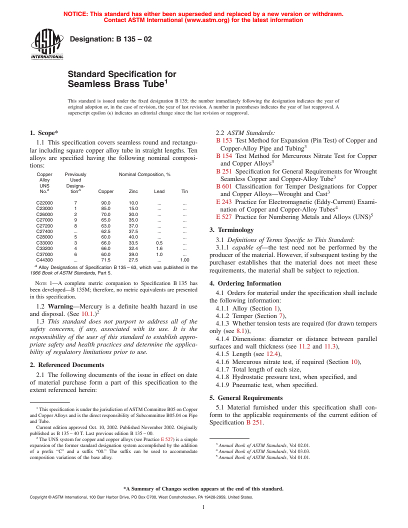 ASTM B135-02 - Standard Specification for Seamless Brass Tube