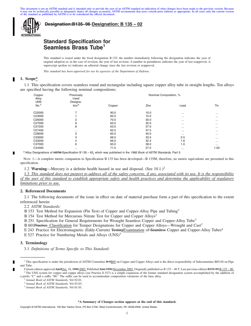 REDLINE ASTM B135-02 - Standard Specification for Seamless Brass Tube