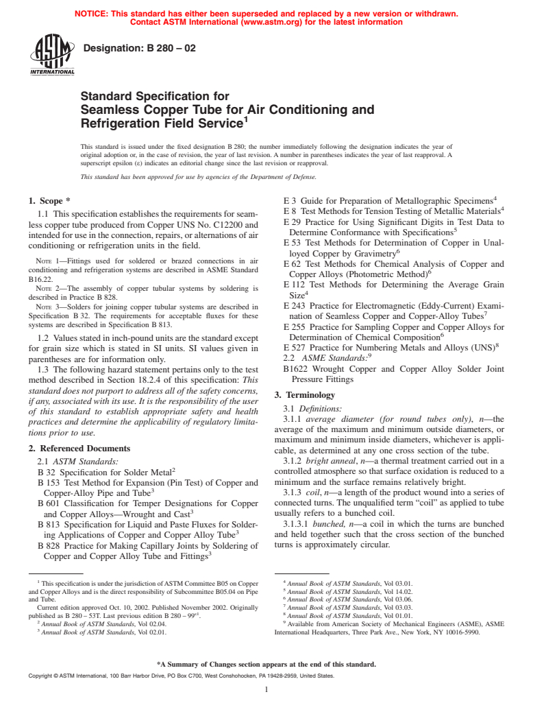 ASTM B280-02 - Standard Specification for Seamless Copper Tube for Air Conditioning and Refrigeration Field Service