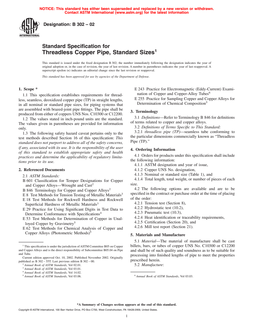 ASTM B302-02 - Standard Specification for Threadless Copper Pipe, Standard Sizes