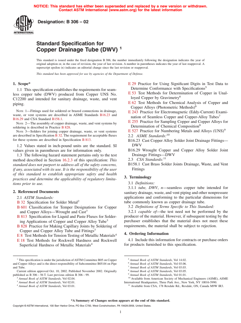 ASTM B306-02 - Standard Specification for Copper Drainage Tube (DWV)