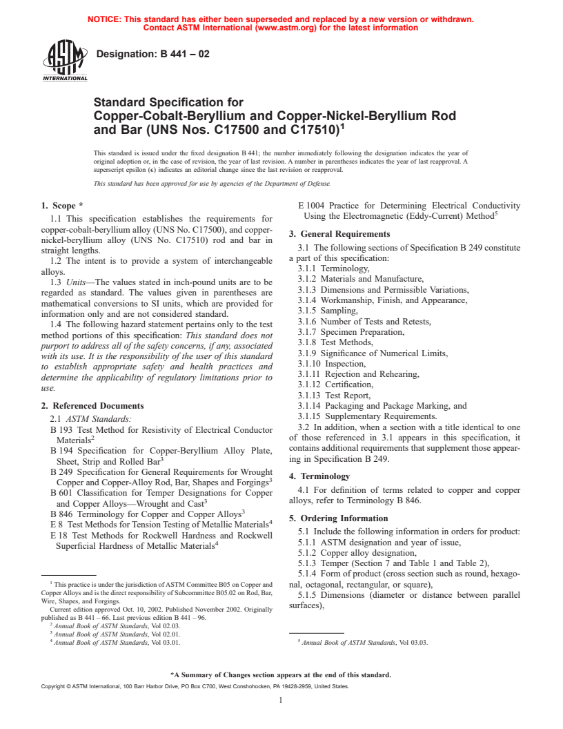 ASTM B441-02 - Standard Specification for Copper-Cobalt-Beryllium and Copper-Nickel-Beryllium Rod and Bar (UNS Nos. C17500 and C17510)