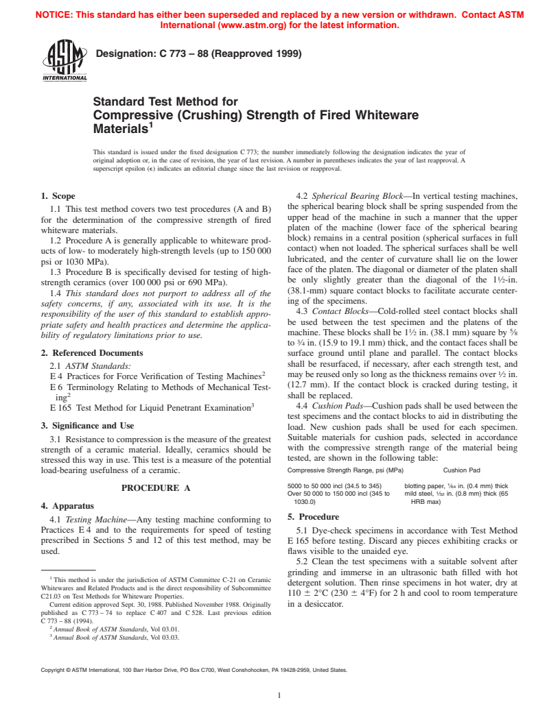 ASTM C773-88(1999) - Standard Test Method for Compressive (Crushing) Strength of Fired Whiteware Materials