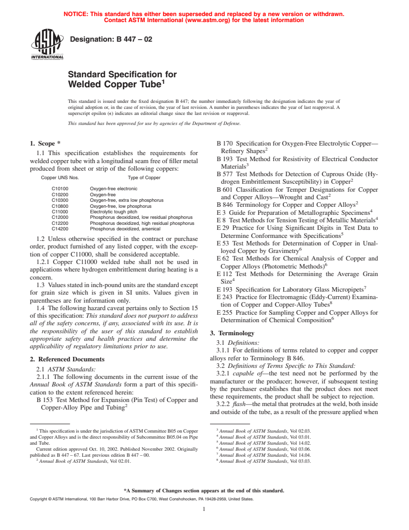 ASTM B447-02 - Standard Specification for Welded Copper Tube