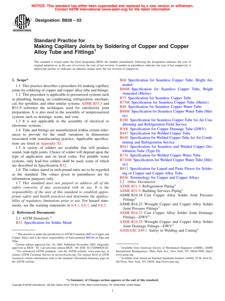 ASTM B828-02 - Standard Practice for Making Capillary Joints by Soldering of Copper and Copper Alloy Tube and Fittings