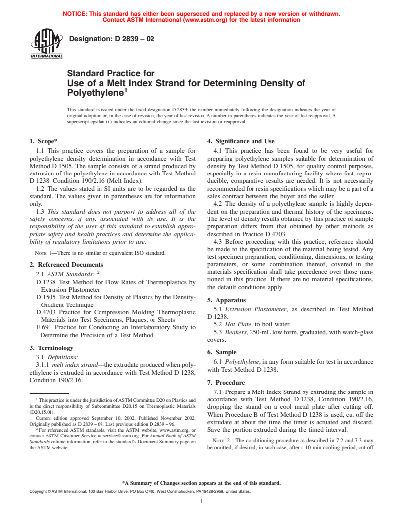 ASTM D2839-02 - Standard Practice for Use of a Melt Index Strand for Determining Density of Polyethylene