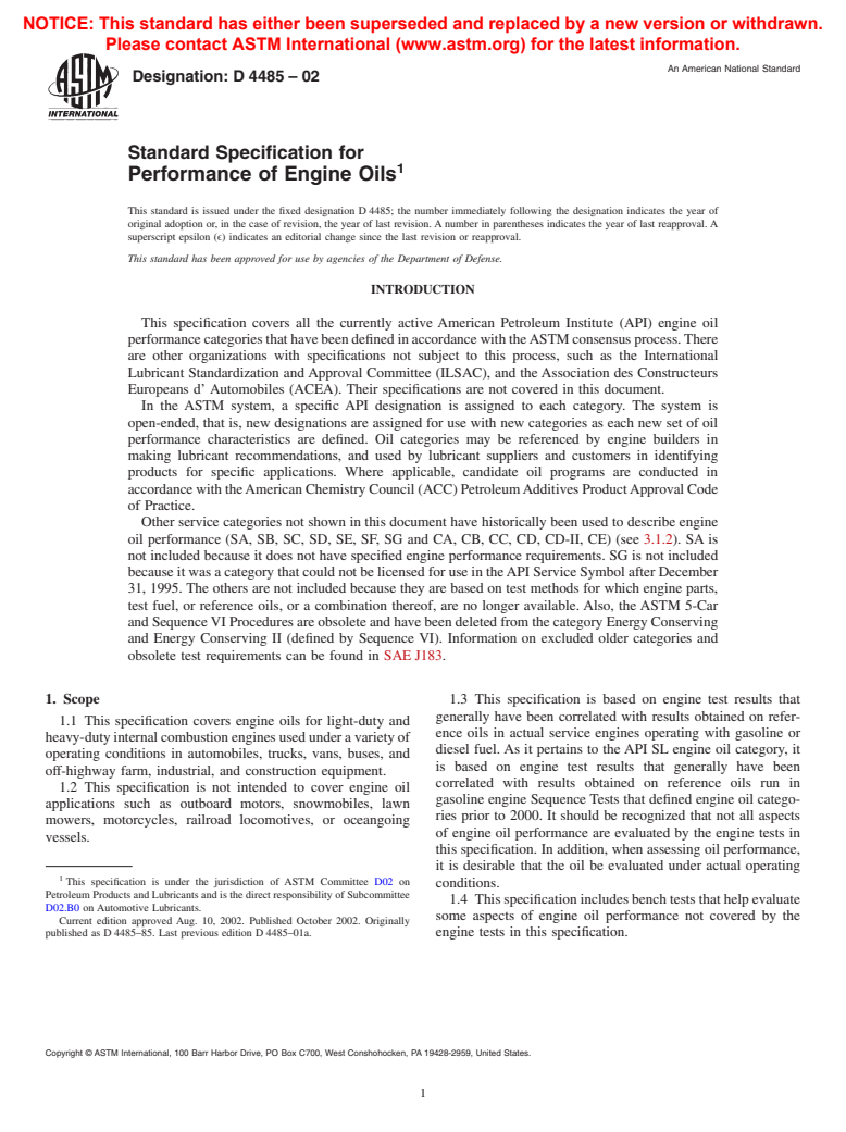 ASTM D4485-02 - Standard Specification for Performance of Engine Oils