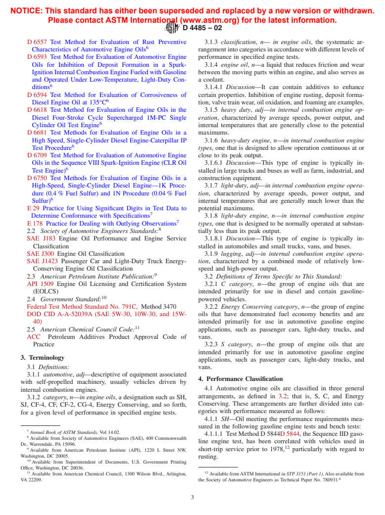 ASTM D4485-02 - Standard Specification for Performance of Engine Oils