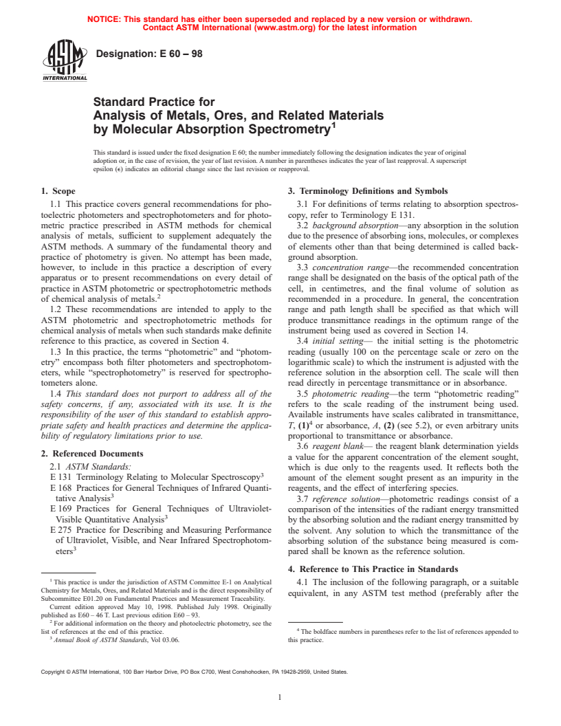 ASTM E60-98 - Standard Practice for Analysis of Metals, Ores, and Related Materials by Molecular Absorption Spectrometry