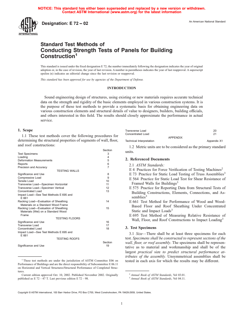ASTM E72-02 - Standard Test Methods of Conducting Strength Tests of Panels for Building Construction