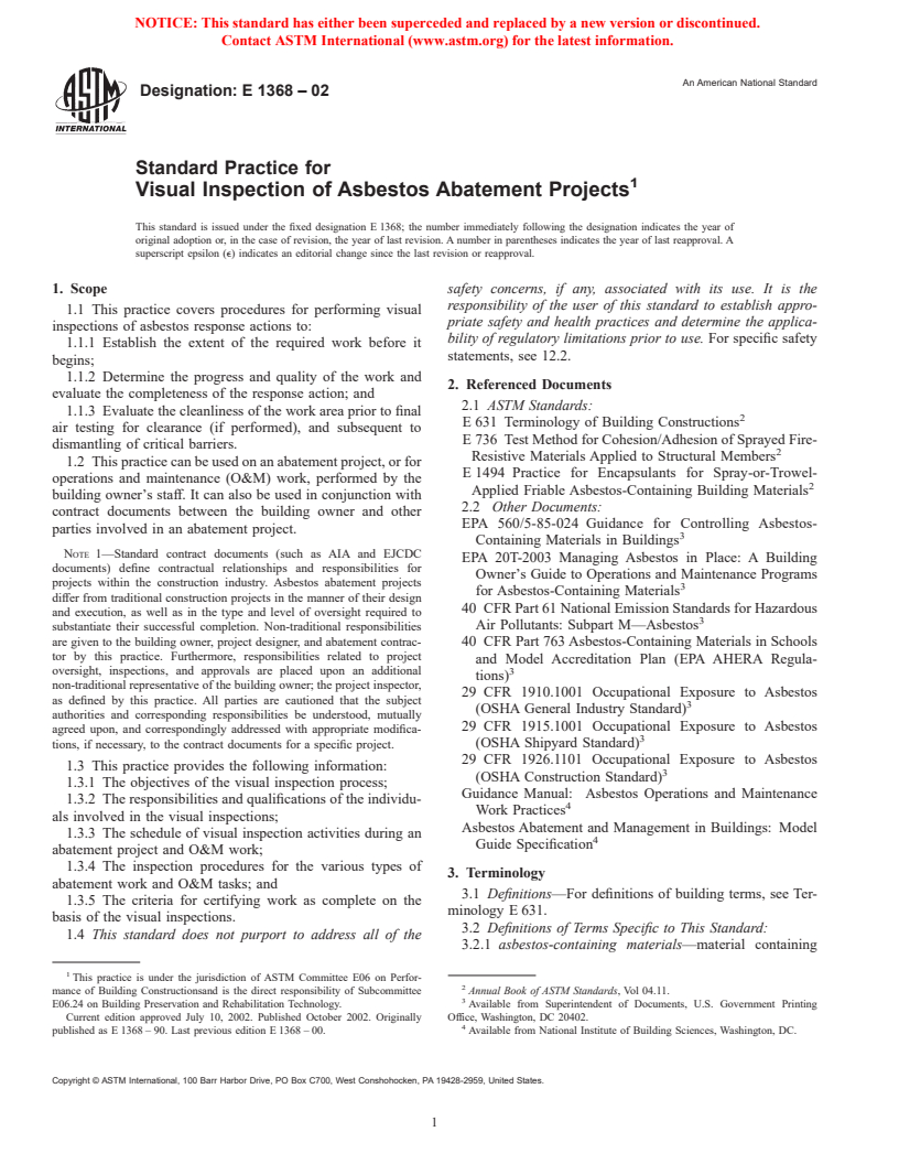 ASTM E1368-02 - Standard Practice for Visual Inspection of Asbestos Abatement Projects