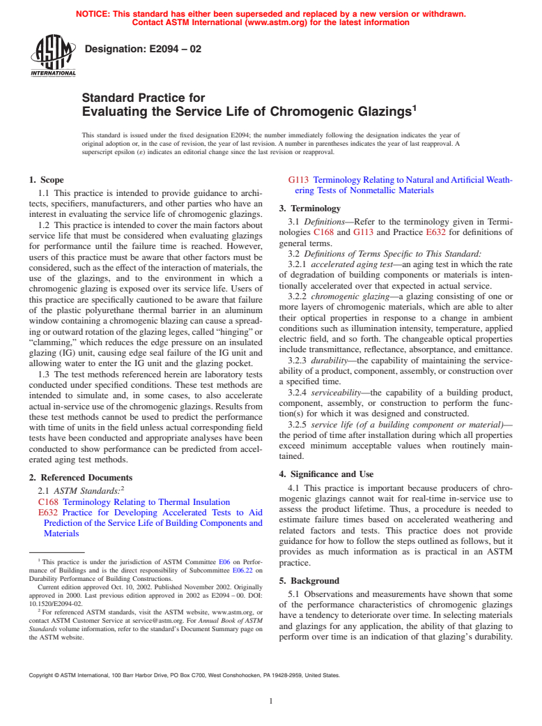 ASTM E2094-02 - Standard Practice for Evaluating the Service Life of Chromogenic Glazings (Withdrawn 2011)