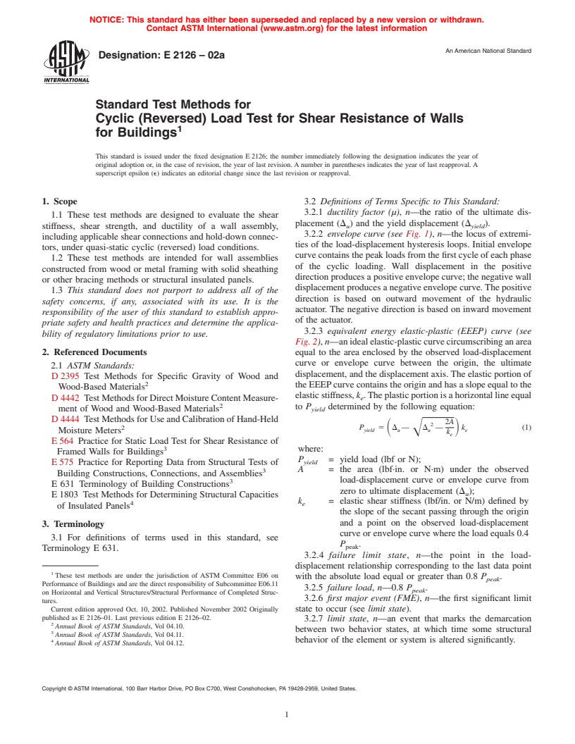 ASTM E2126-02a - Standard Test Methods for Cyclic (Reversed) Load Test for Shear Resistance of Framed Walls for Buildings