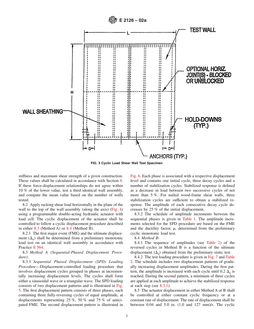 ASTM E2126-02a - Standard Test Methods for Cyclic (Reversed) Load Test for Shear Resistance of Framed Walls for Buildings