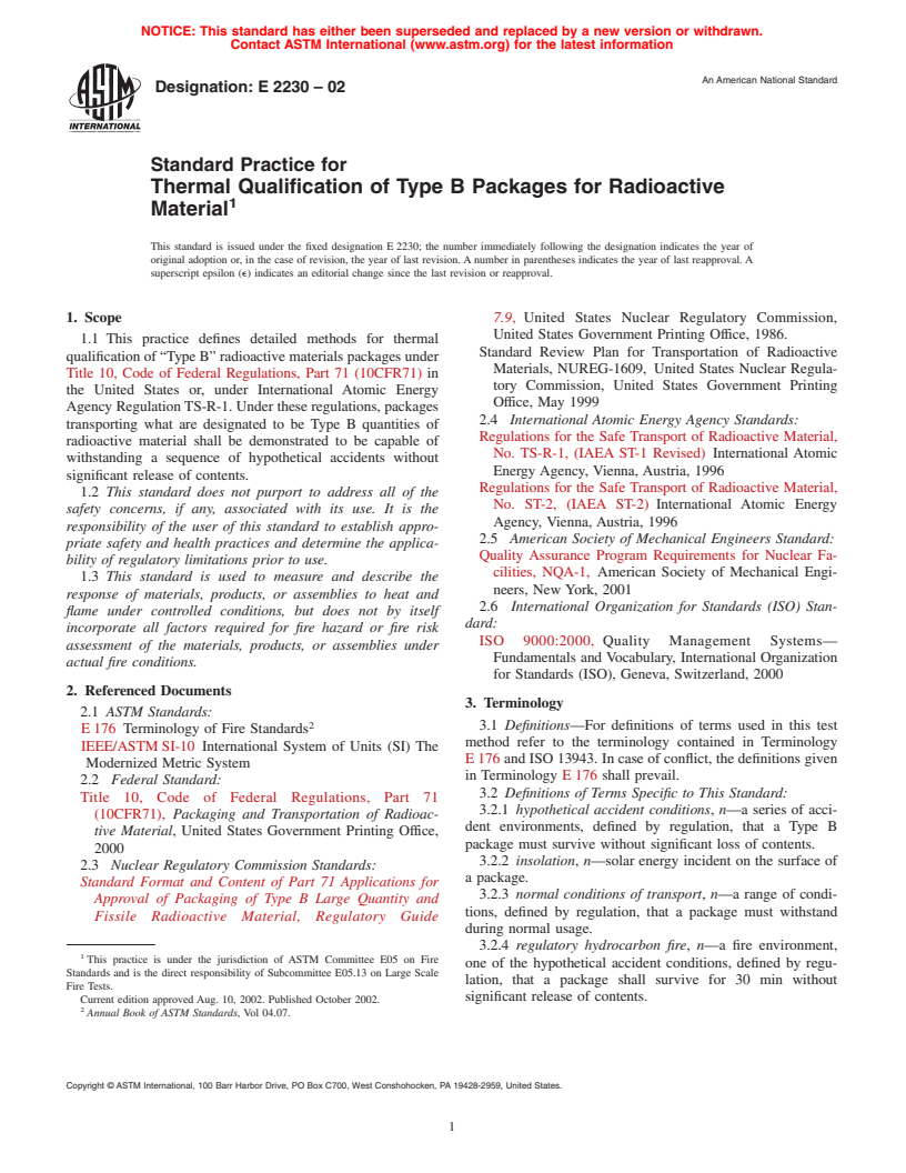 ASTM E2230-02 - Standard Practice for Thermal Qualification of Type B Packages for Radioactive Material