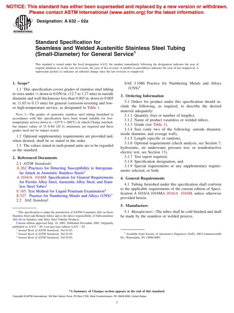 ASTM A632-02a - Standard Specification for Seamless and Welded Austenitic Stainless Steel Tubing (Small-Diameter) for General Service