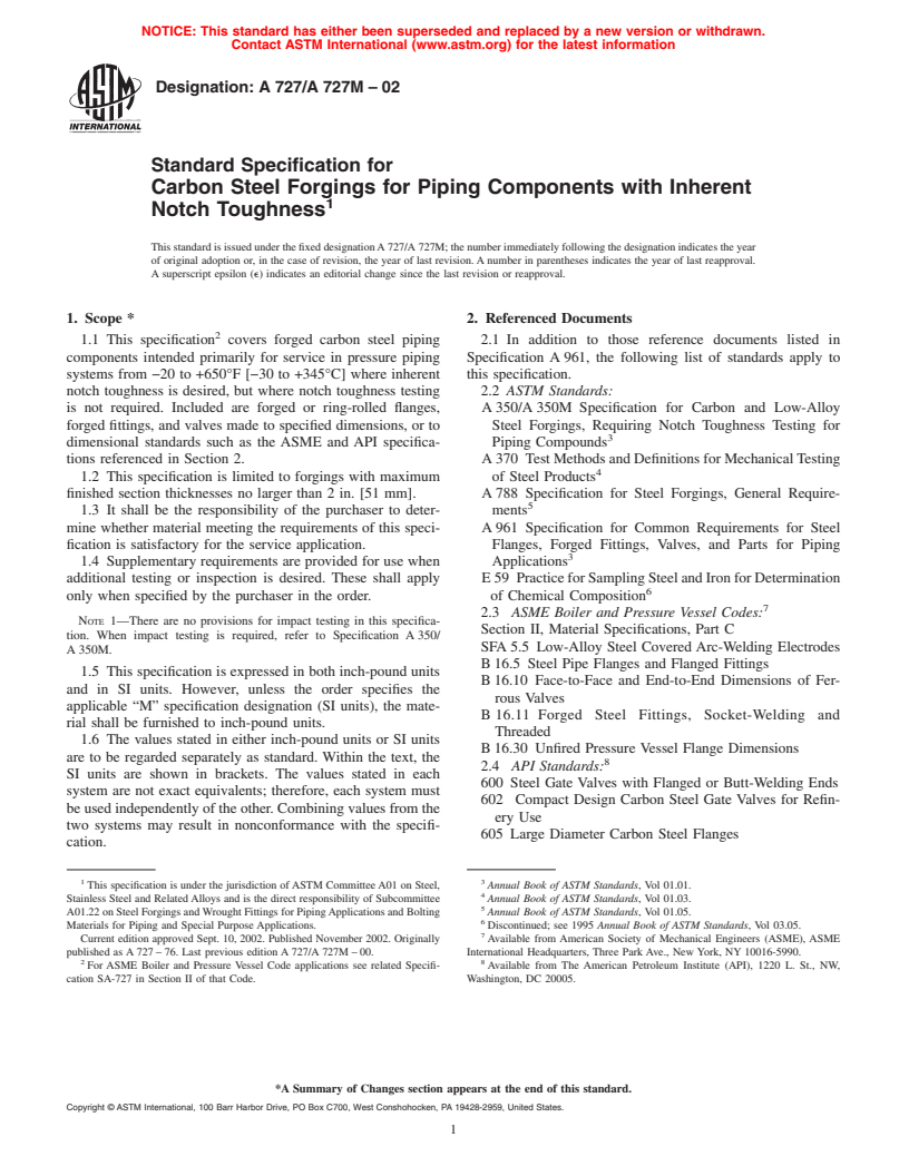 ASTM A727/A727M-02 - Standard Specification for Carbon Steel Forgings for Piping Components with Inherent Notch Toughness