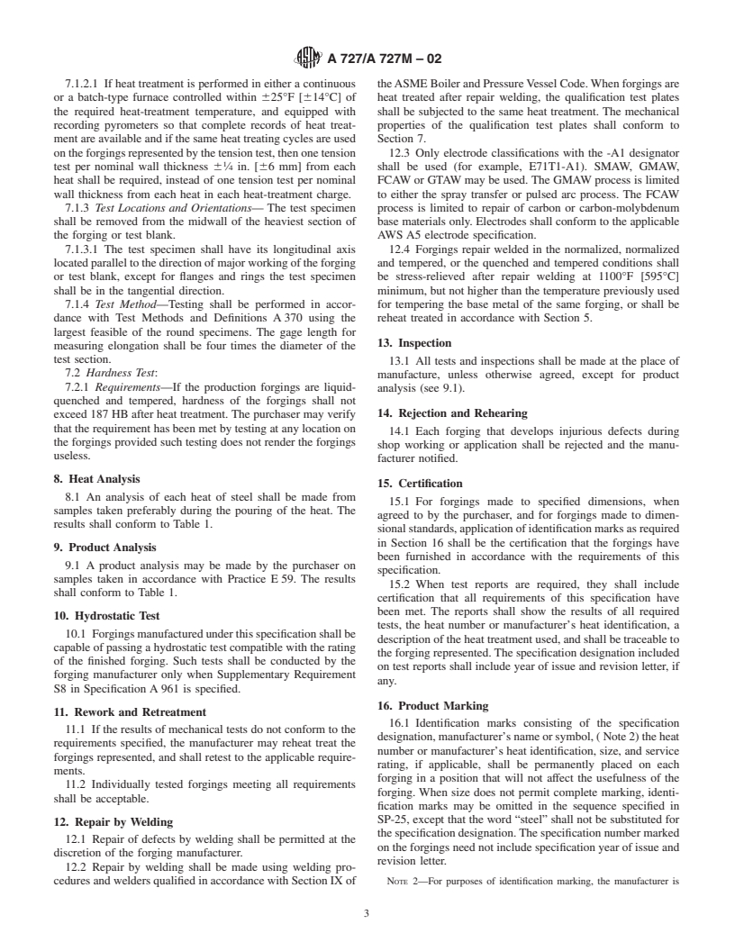 ASTM A727/A727M-02 - Standard Specification for Carbon Steel Forgings for Piping Components with Inherent Notch Toughness