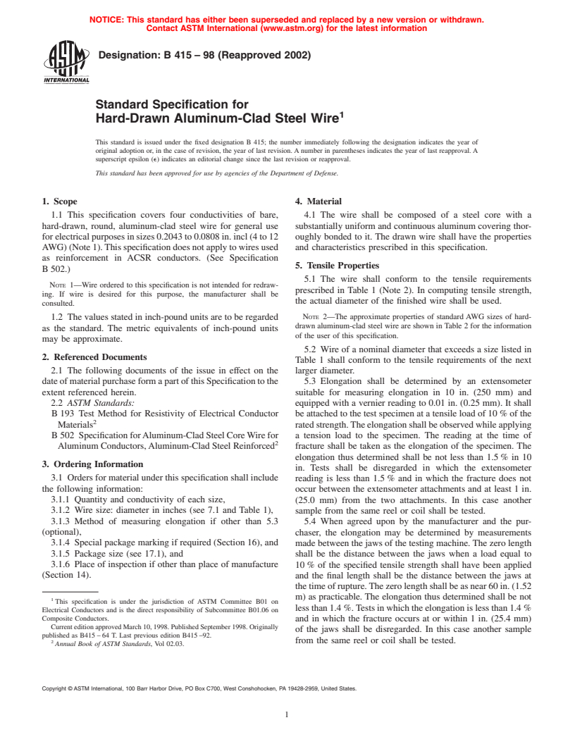 ASTM B415-98(2002) - Standard Specification for Hard-Drawn Aluminum-Clad Steel Wire