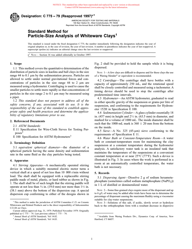 ASTM C775-79(1997)e1 - Standard Method for Particle-Size Analysis of Whiteware Clays (Withdrawn 2002)