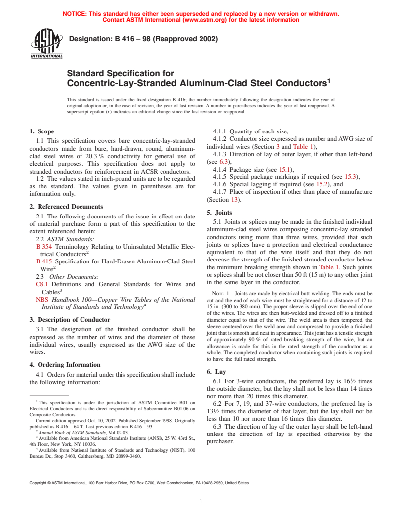 ASTM B416-98(2002) - Standard Specification for Concentric-Lay-Stranded Aluminum-Clad Steel Conductors