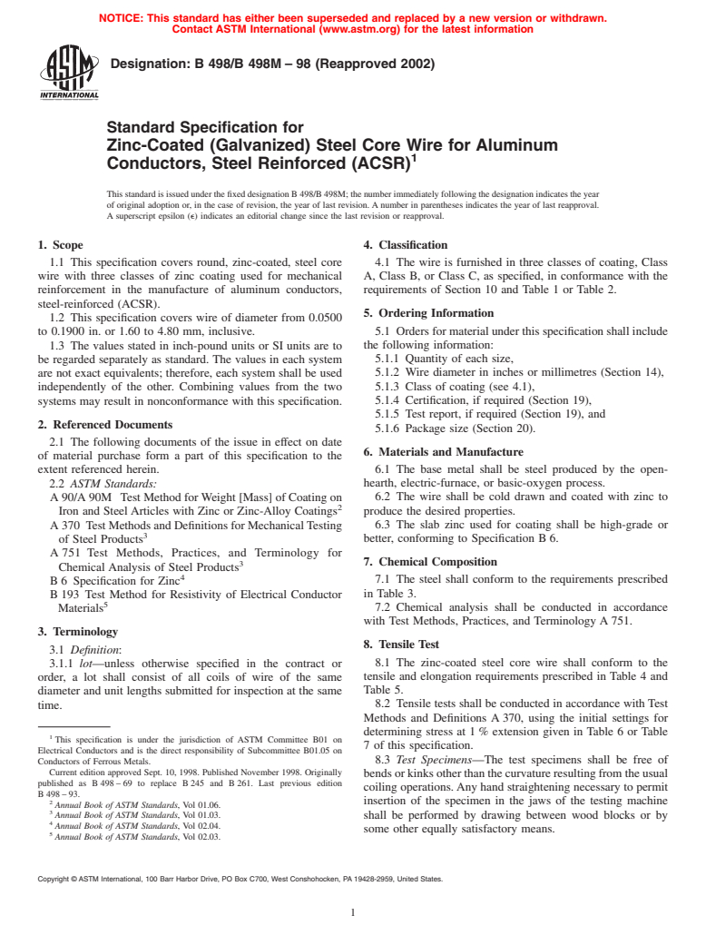 ASTM B498/B498M-98(2002) - Standard Specification for Zinc-Coated (Galvanized) Steel Core Wire for Aluminum Conductors, Steel Reinforced (ACSR)