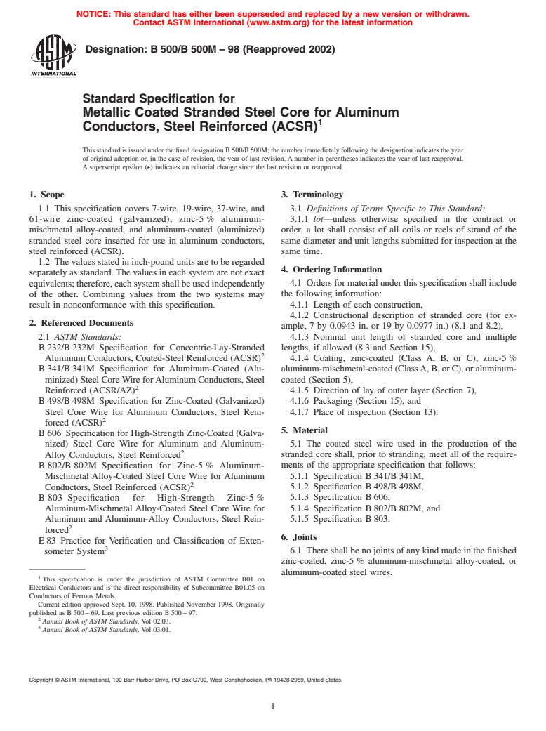 ASTM B500/B500M-98(2002) - Standard Specification for Metallic Coated Stranded Steel Core for Aluminum Conductors, Steel Reinforced (ACSR)