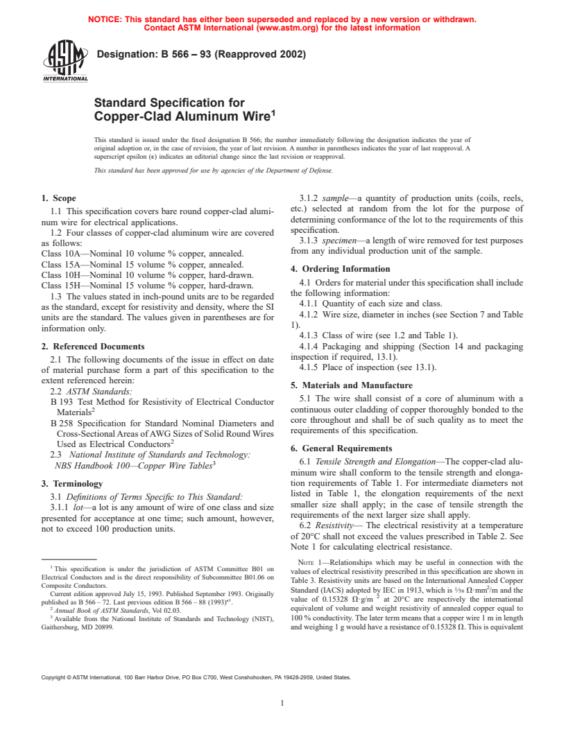 ASTM B566-93(2002) - Standard Specification for Copper-Clad Aluminum Wire