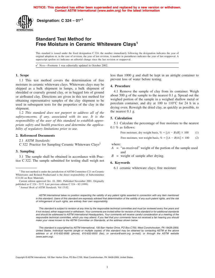 ASTM C324-01e1 - Standard Test Method for Free Moisture in Ceramic Whiteware Clays