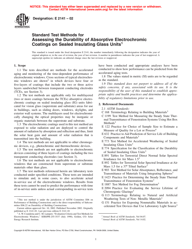 ASTM E2141-02 - Standard Test Methods for Assessing the Durability of Absorptive Electrochromic Coatings on Sealed Insulating Glass Units